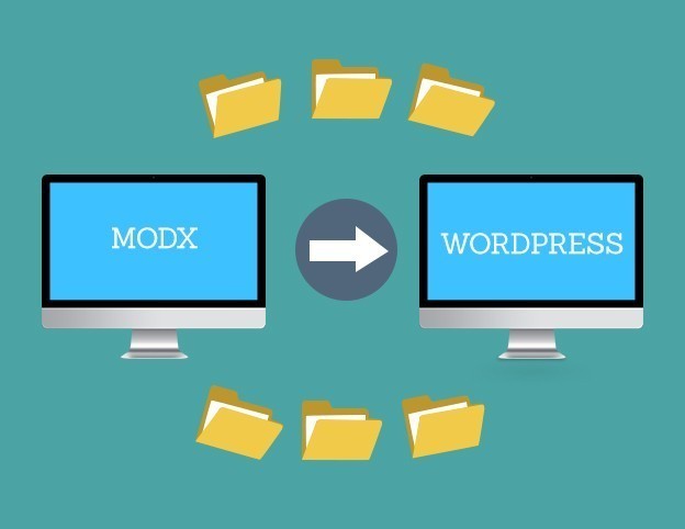 Graphic illustrating MODX to WordPress migration with icons representing both platforms.