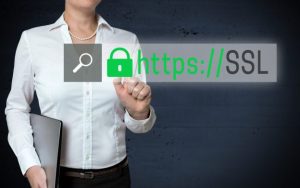 Woman standing behind an HTTPS security icon, symbolizing a secure, encrypted website connection.
