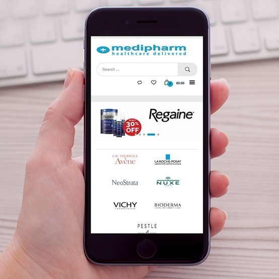 Medipharm website displayed on a mobile phone screen.